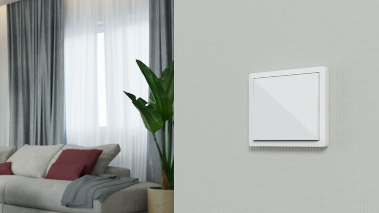 Modernes Wohnzimmer mit Lichtschalter an Wand.